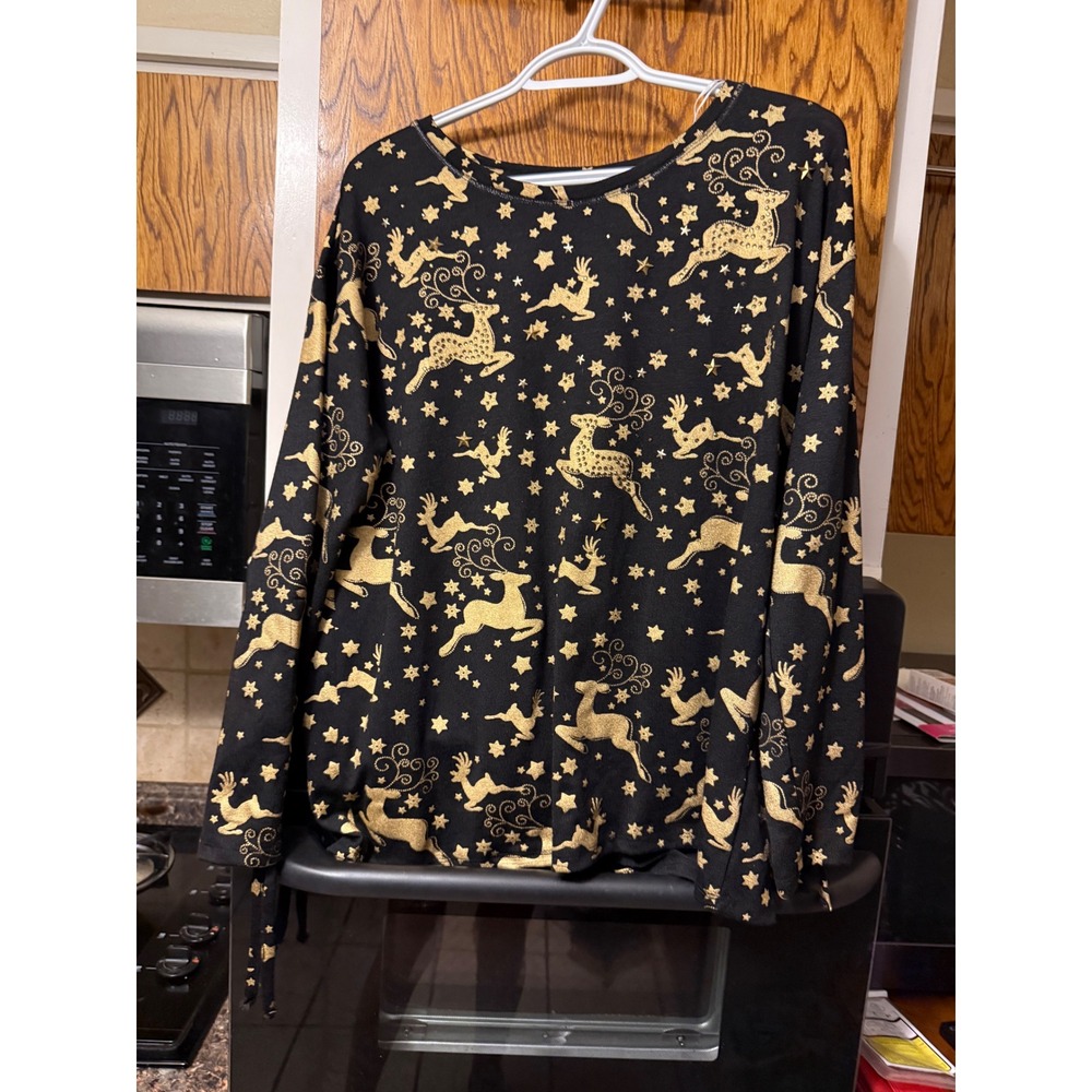 Onque Casual Womens XL‎ Black Gold Metallic Reindeer Star Holiday Sweater Top